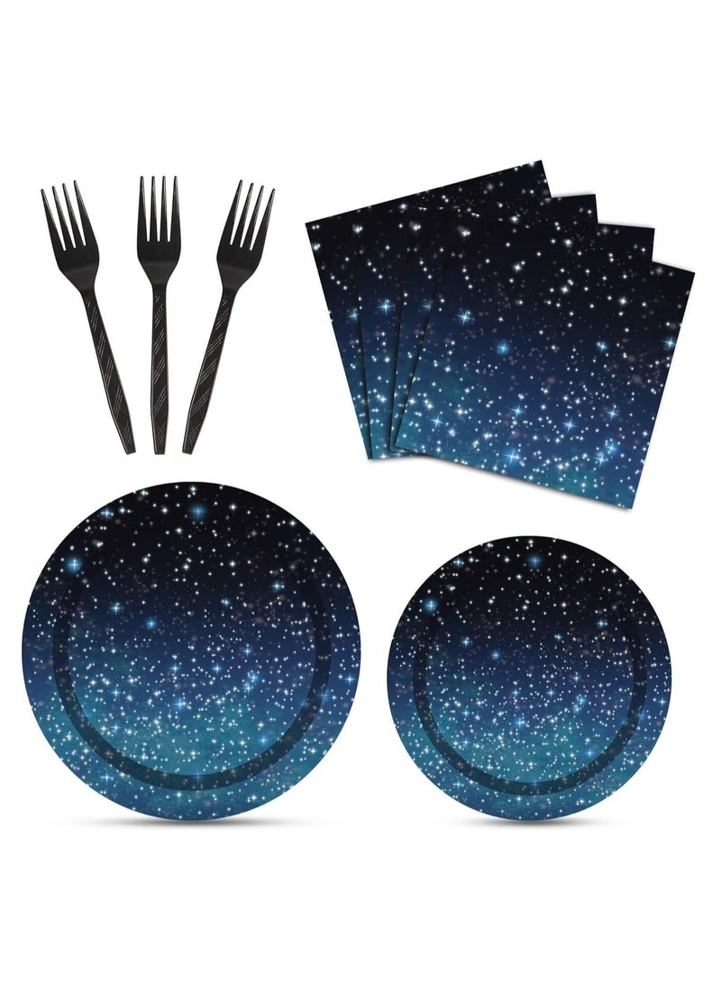 Captaintech 96 Pcs Galaxy Party Starry Night Supplies Tableware Set, Outer Space Theme Birthday Star Party Table Decorations Solar System Paper Plates Napkins Forks for 24 Guests - Image 1
