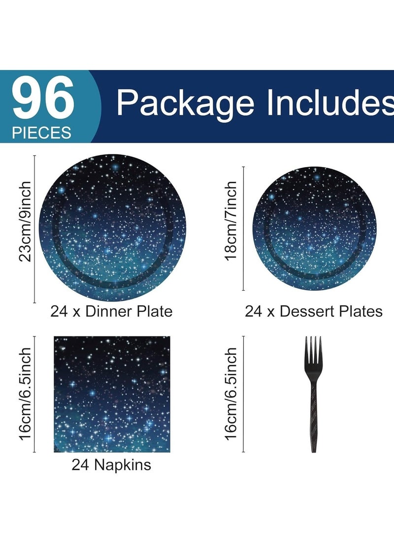 Captaintech 96 Pcs Galaxy Party Starry Night Supplies Tableware Set, Outer Space Theme Birthday Star Party Table Decorations Solar System Paper Plates Napkins Forks for 24 Guests - Image 2