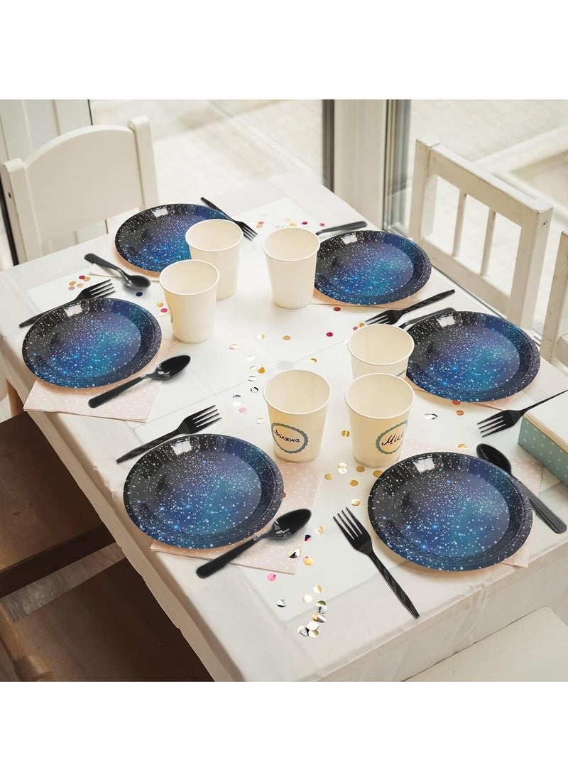 Captaintech 96 Pcs Galaxy Party Starry Night Supplies Tableware Set, Outer Space Theme Birthday Star Party Table Decorations Solar System Paper Plates Napkins Forks for 24 Guests - Image 5