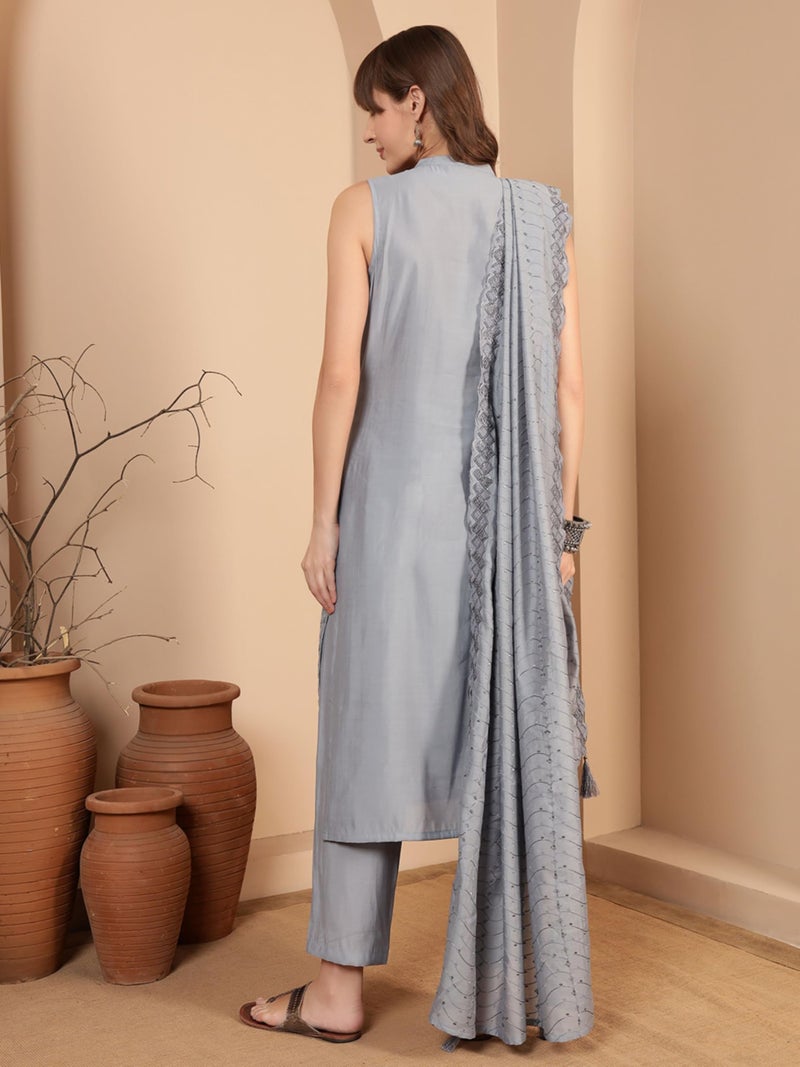 SHOPPING QUEEN Women's Chinnon Embroidered Kurta Set with Dupatta (A664_Cloud Grey_XL) - Image 2