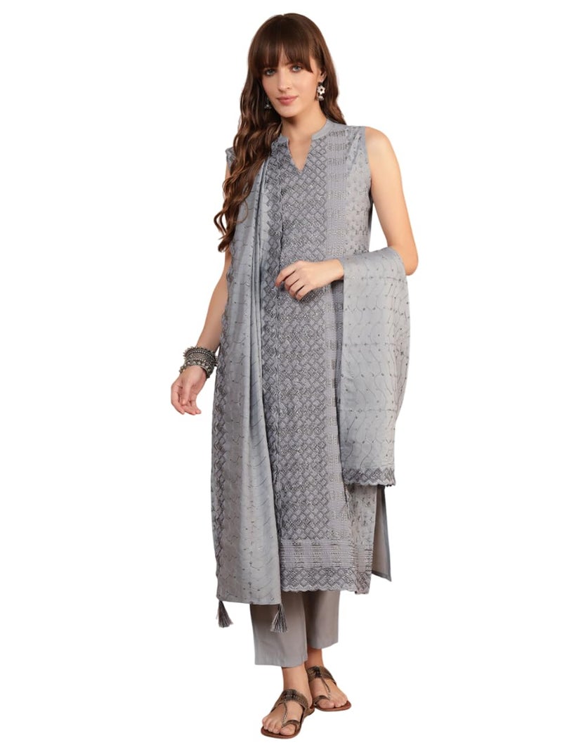 SHOPPING QUEEN Women's Chinnon Embroidered Kurta Set with Dupatta (A664_Cloud Grey_XL) - Image 1