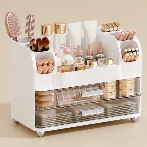 UFORU Makeup Organizer for Vanity with 2 Large Drawers Cosmetic Display Case with Brush Holders Easy to Storage for Bathroom Countertop Skincare Perfume White - Image 1