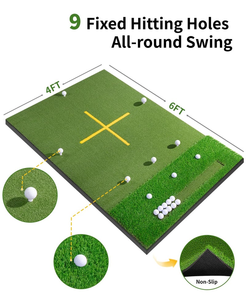 tosoze 6x4FT 21-45mm Dual-Turf Golf Hitting Mat with Ball Tray, Thickened Golf Mat with 9 Hitting Holes, Practice Mat with Alignment Aid for Realistic Indoor Outdoor Practice, Professional Golf Training Aid - Image 4