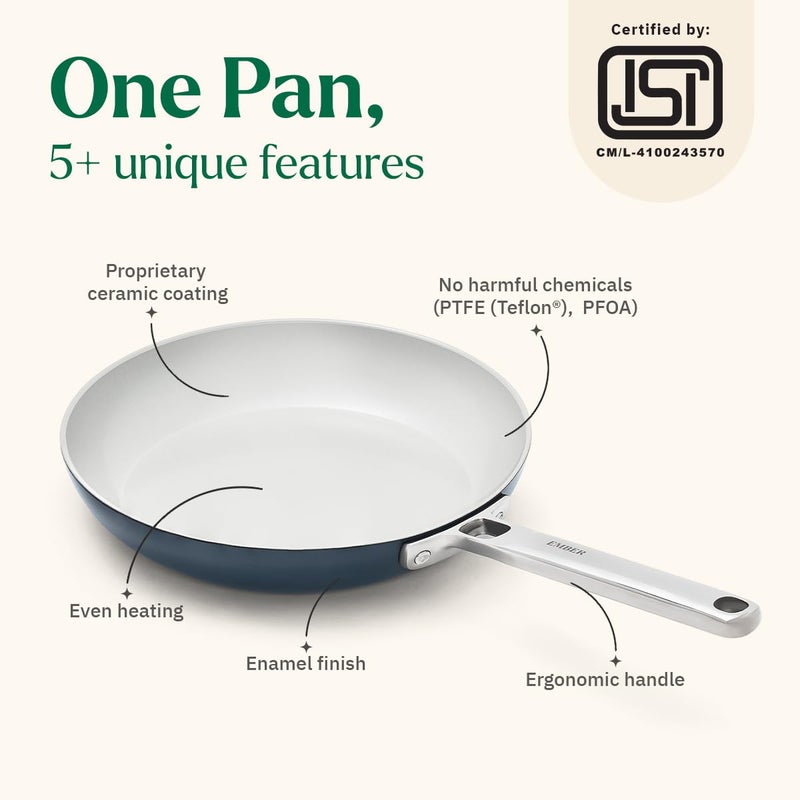 Ember Cookware مقلاة بيض سيراميك أركيلا 20 سم | مقلاة أومليت غير لاصقة وغير سامة | معتمدة من ISI | مقلاة طبخ سيراميك | 1× ملعقة مسطحة | مقبض فولاذي | خالية من PFAS و PTFE | آمنة للاستخدام مع الحث | زرقاء - Image 2