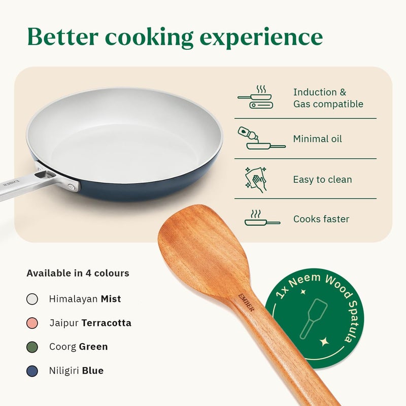 Ember Cookware مقلاة بيض سيراميك أركيلا 20 سم | مقلاة أومليت غير لاصقة وغير سامة | معتمدة من ISI | مقلاة طبخ سيراميك | 1× ملعقة مسطحة | مقبض فولاذي | خالية من PFAS و PTFE | آمنة للاستخدام مع الحث | زرقاء - Image 3