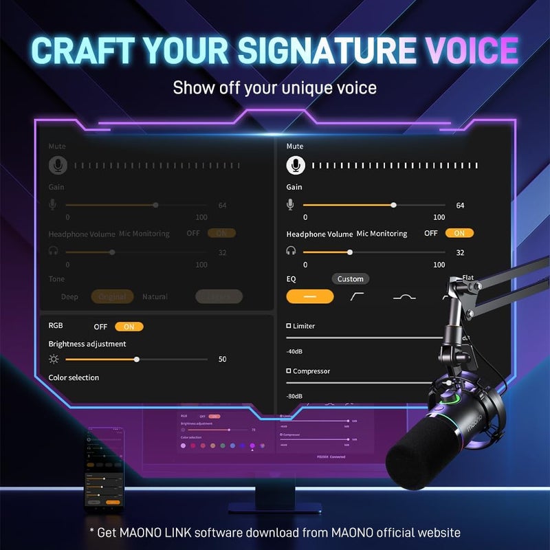 Maono ماونو XLRUSB مايكروفون ديناميكي RGB للألعاب مع زر كتم الصوت وبرمجة كسب الصوت وتحكم في مستوى الصوت ومقبس سماعة الرأس للبث والبودكاست والتسجيل PD200X أسود - Image 3