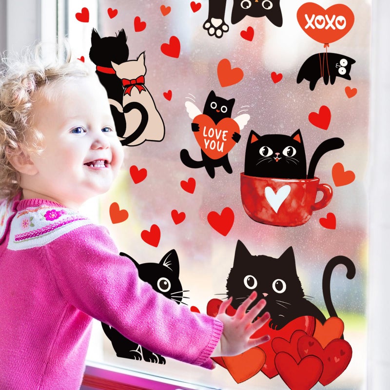 Whaline 6 Sheets Valentine' s Day Window Clings Window Decal Black Cat Red Love Heart Reusable Anti-Collision Windows Decor for Wedding Anniversary Home Party Supplies - Image 3