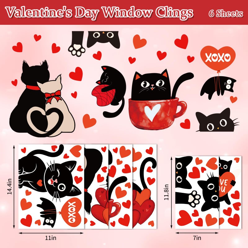 Whaline 6 Sheets Valentine' s Day Window Clings Window Decal Black Cat Red Love Heart Reusable Anti-Collision Windows Decor for Wedding Anniversary Home Party Supplies - Image 5