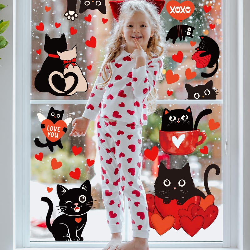 Whaline 6 Sheets Valentine' s Day Window Clings Window Decal Black Cat Red Love Heart Reusable Anti-Collision Windows Decor for Wedding Anniversary Home Party Supplies - Image 2