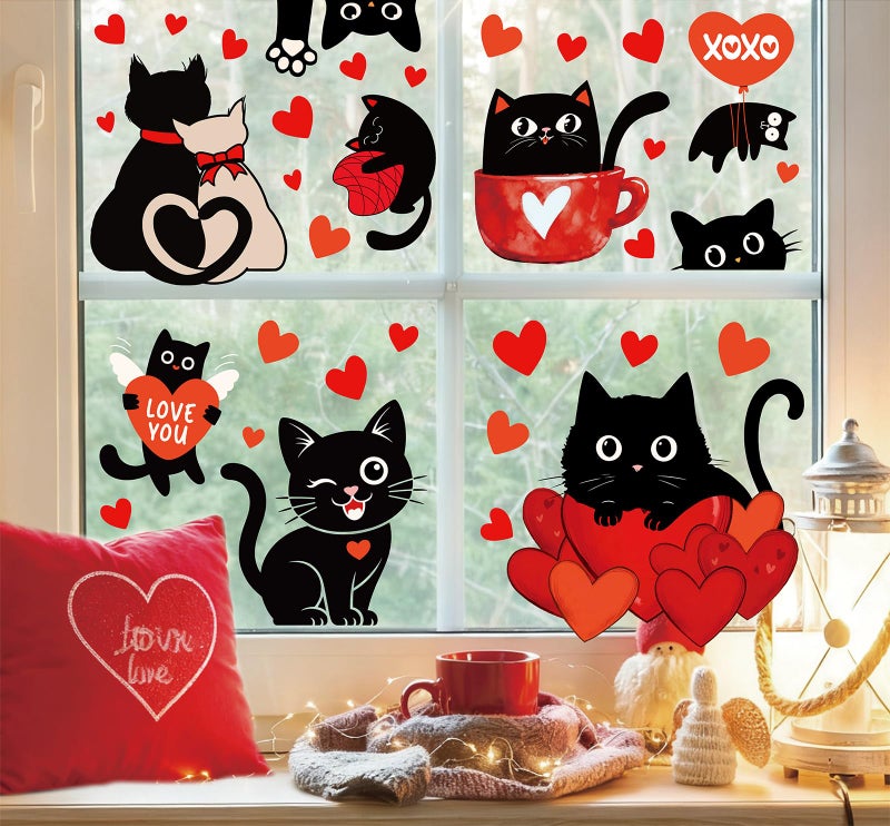 Whaline 6 Sheets Valentine' s Day Window Clings Window Decal Black Cat Red Love Heart Reusable Anti-Collision Windows Decor for Wedding Anniversary Home Party Supplies - Image 1