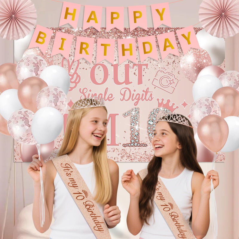 Juesly 10th Birthday Decorations for Girls,32PCS 10th Birthday Party Decorations,Including Backdrop, Crown, Sash, banner, Hanging Swirl,Cake Topper,balloons, Anniversary Card and Paper Fans - Image 5