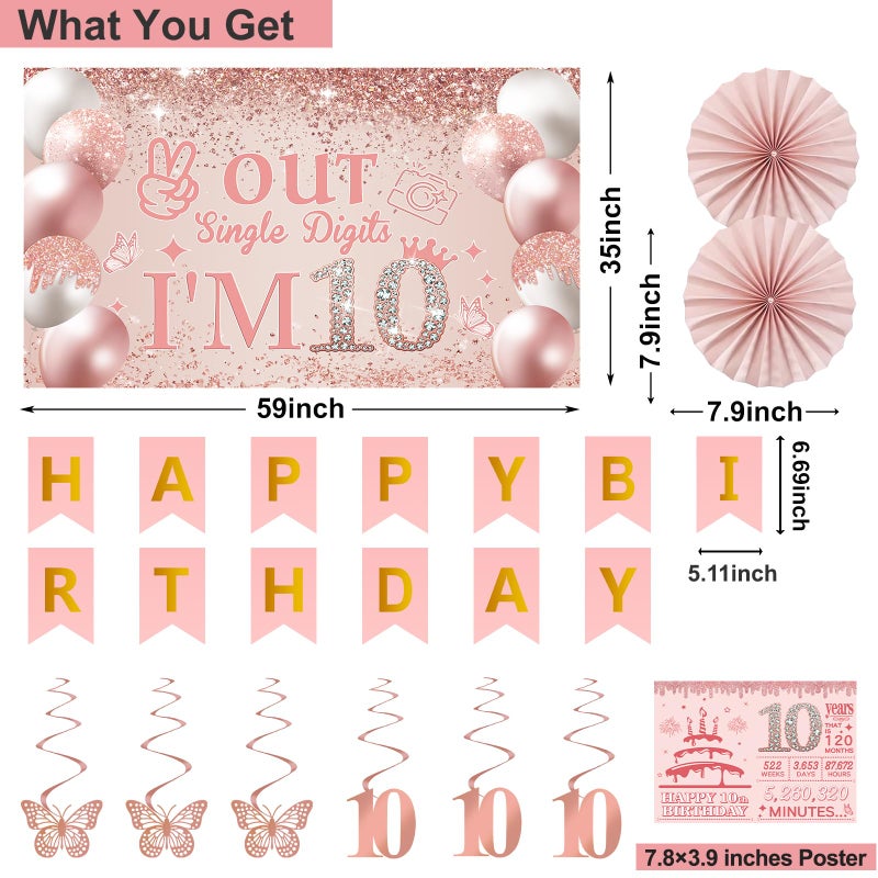 Juesly 10th Birthday Decorations for Girls,32PCS 10th Birthday Party Decorations,Including Backdrop, Crown, Sash, banner, Hanging Swirl,Cake Topper,balloons, Anniversary Card and Paper Fans - Image 2