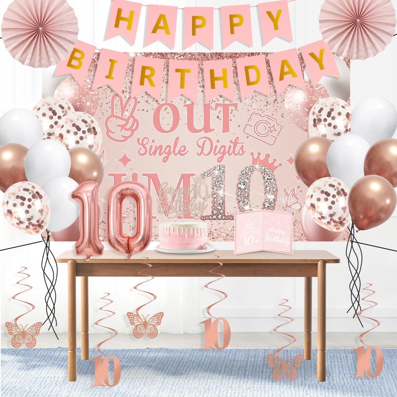 Juesly 10th Birthday Decorations for Girls,32PCS 10th Birthday Party Decorations,Including Backdrop, Crown, Sash, banner, Hanging Swirl,Cake Topper,balloons, Anniversary Card and Paper Fans - Image 3