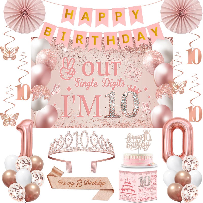 Juesly 10th Birthday Decorations for Girls,32PCS 10th Birthday Party Decorations,Including Backdrop, Crown, Sash, banner, Hanging Swirl,Cake Topper,balloons, Anniversary Card and Paper Fans - Image 1