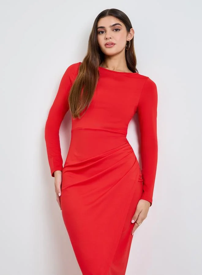 تايك تو Red Solid Wrap Front Midi Dress