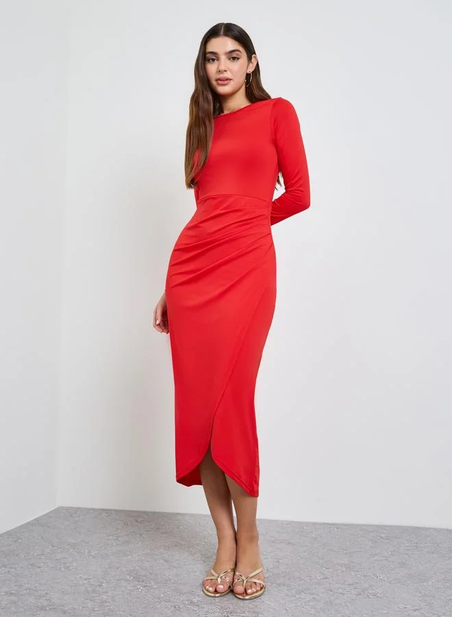 تايك تو Red Solid Wrap Front Midi Dress