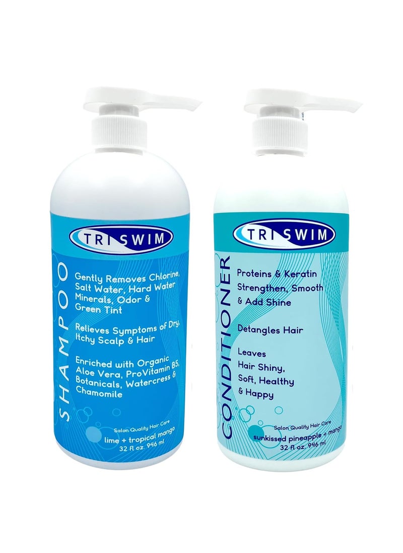 Triswim TRISWIM Hair Care Bundle with Swim Shampoo and Conditioner 32 Fl Oz Each | Repairs Chlorine-Damaged Hair, Enhances Natural Texture | Nourishing Pack of 2 