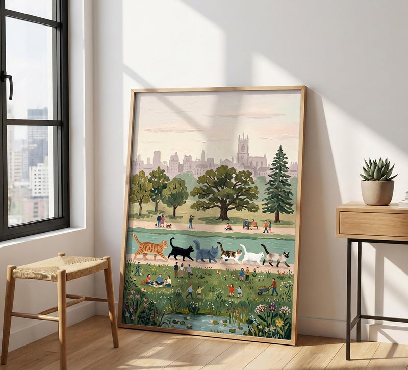 TNESSENTIAL Giant Cat Parade Print – Surreal Park Landscape Art, Whimsical Feline Poster, Funny Cat Decor, Vintage Style Folk Art, Cottagecore Print - Image 4