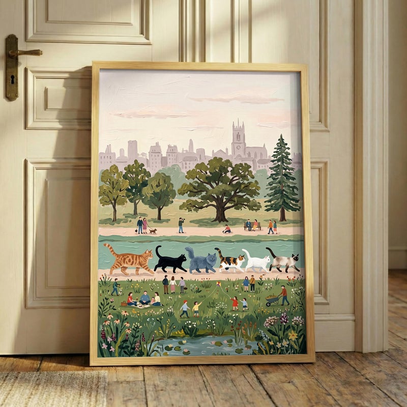 TNESSENTIAL Giant Cat Parade Print – Surreal Park Landscape Art, Whimsical Feline Poster, Funny Cat Decor, Vintage Style Folk Art, Cottagecore Print - Image 5