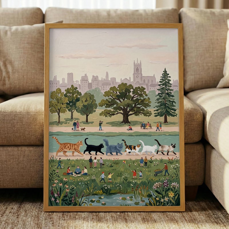 TNESSENTIAL Giant Cat Parade Print – Surreal Park Landscape Art, Whimsical Feline Poster, Funny Cat Decor, Vintage Style Folk Art, Cottagecore Print - Image 1