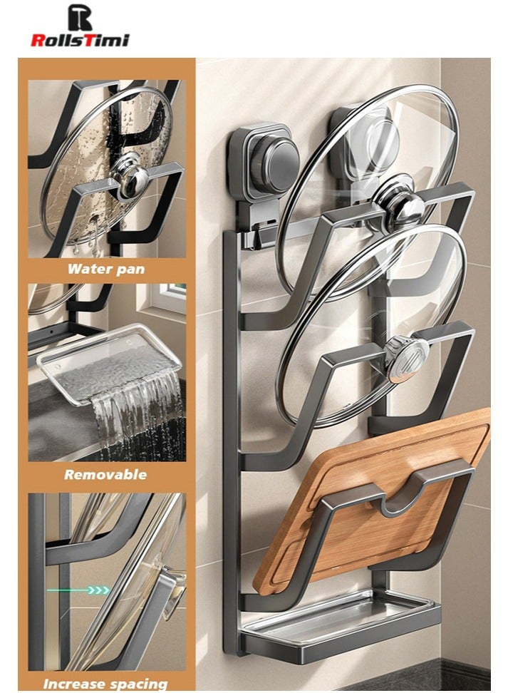 RollsTimi  Pot Lid Organizer Rack, 3-Tier Pot Lids Holder for Cabinet Door Wall, No Drilling Adhesive Wall/Door Mounted Rustproof Pot and Pan Cover with Suction Cup for Kitchen Storage,Grey - Image 1