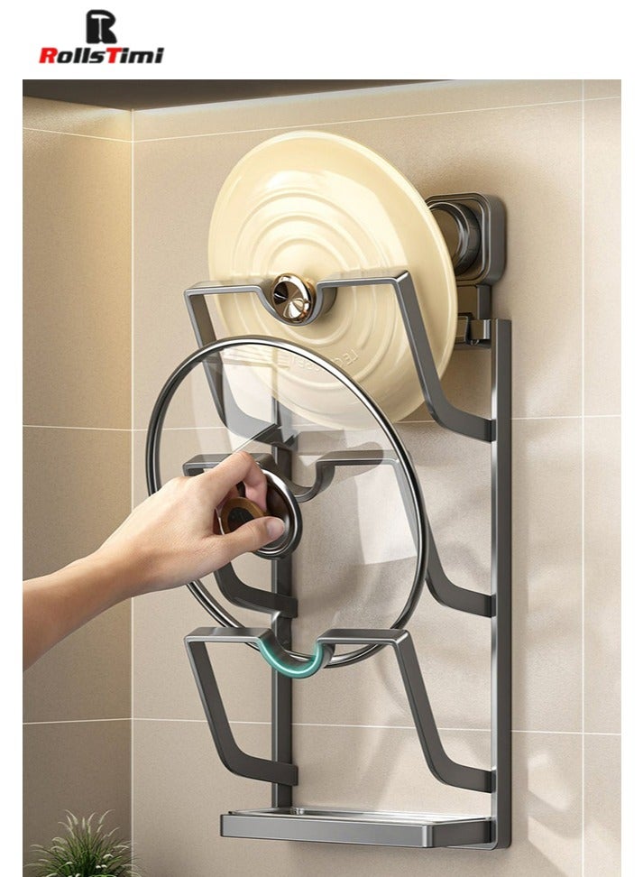 RollsTimi  Pot Lid Organizer Rack, 3-Tier Pot Lids Holder for Cabinet Door Wall, No Drilling Adhesive Wall/Door Mounted Rustproof Pot and Pan Cover with Suction Cup for Kitchen Storage,Grey - Image 3