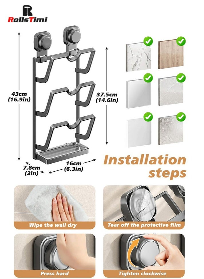 RollsTimi  Pot Lid Organizer Rack, 3-Tier Pot Lids Holder for Cabinet Door Wall, No Drilling Adhesive Wall/Door Mounted Rustproof Pot and Pan Cover with Suction Cup for Kitchen Storage,Grey - Image 5