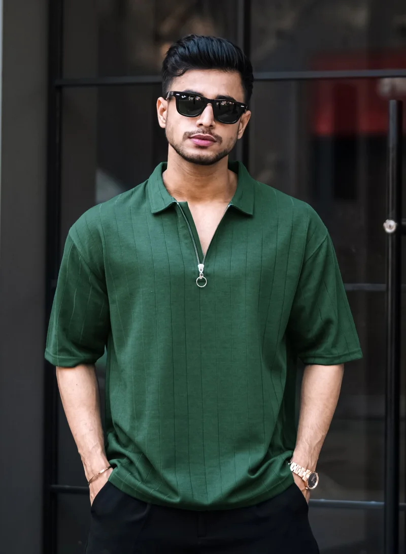Maniac Maniac Mens Textured Polo Neck 3/4th Sleeve Half Zipper Dark Green Cotton T-Shirt