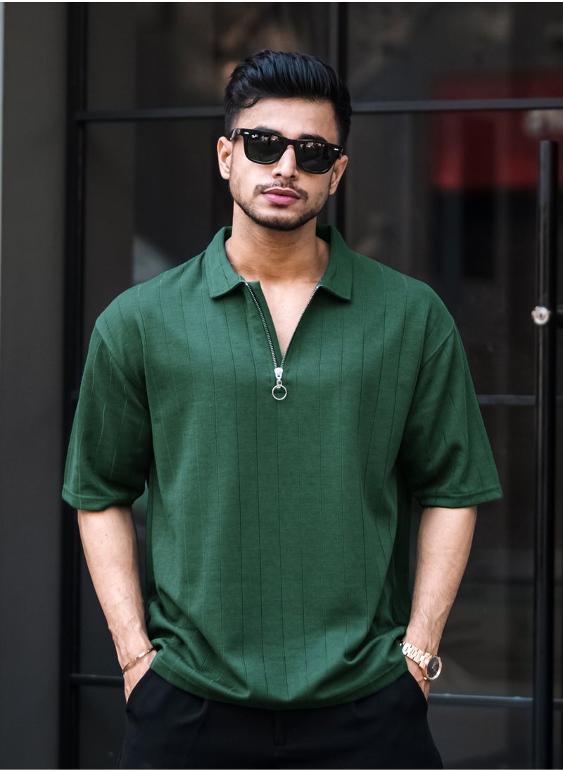 Maniac Maniac Mens Textured Polo Neck 3/4th Sleeve Half Zipper Dark Green Cotton T-Shirt  - Image 1
