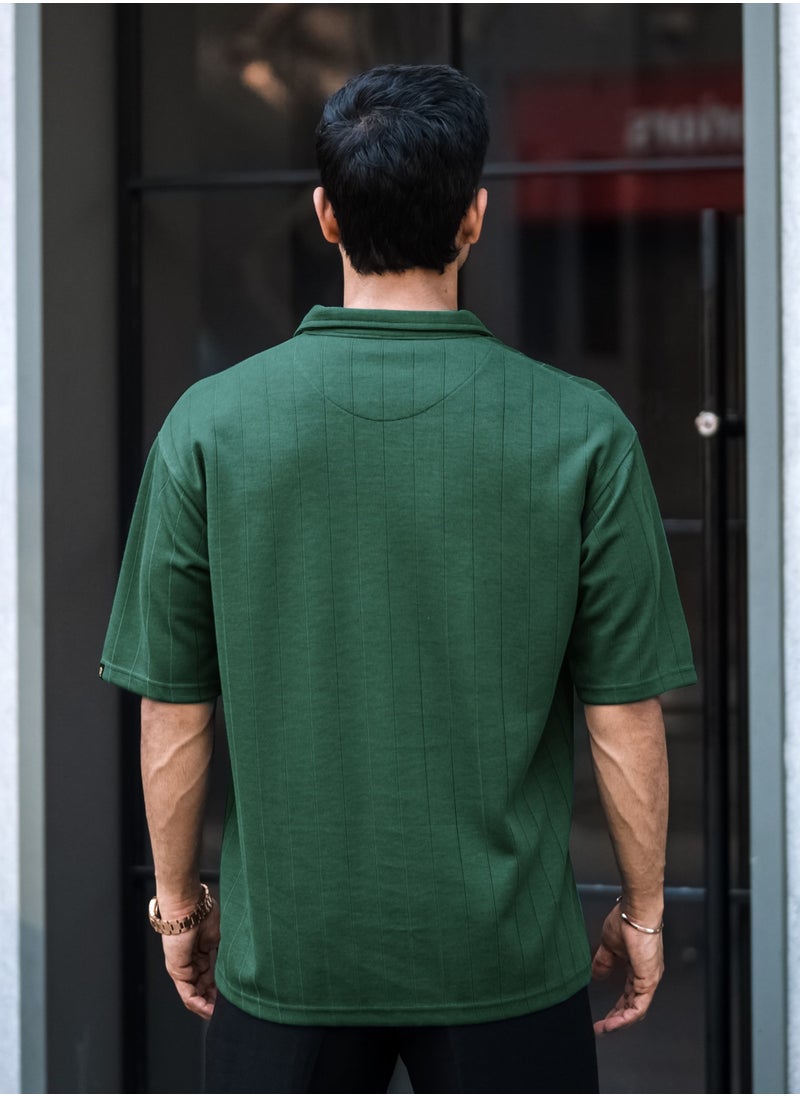 Maniac Maniac Mens Textured Polo Neck 3/4th Sleeve Half Zipper Dark Green Cotton T-Shirt  - Image 2