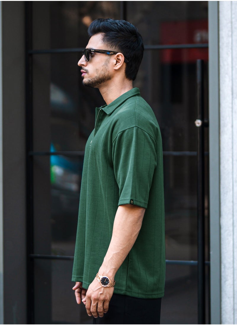 Maniac Maniac Mens Textured Polo Neck 3/4th Sleeve Half Zipper Dark Green Cotton T-Shirt  - Image 3