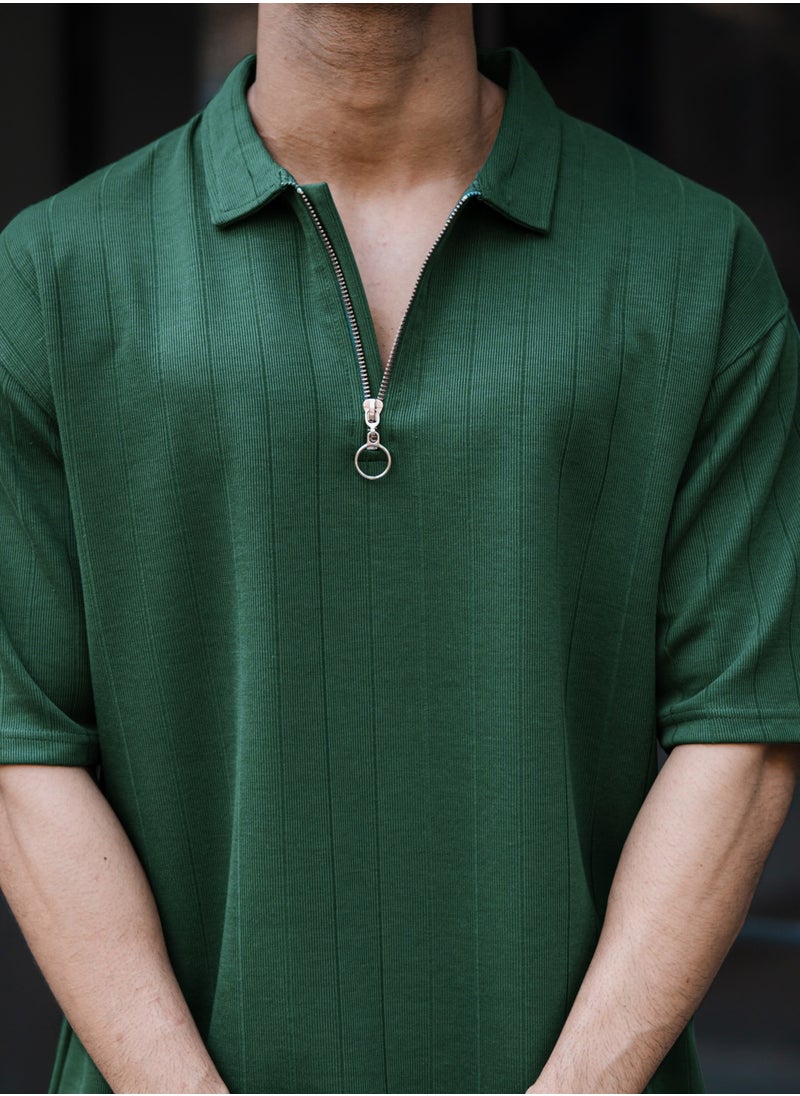 Maniac Maniac Mens Textured Polo Neck 3/4th Sleeve Half Zipper Dark Green Cotton T-Shirt  - Image 4