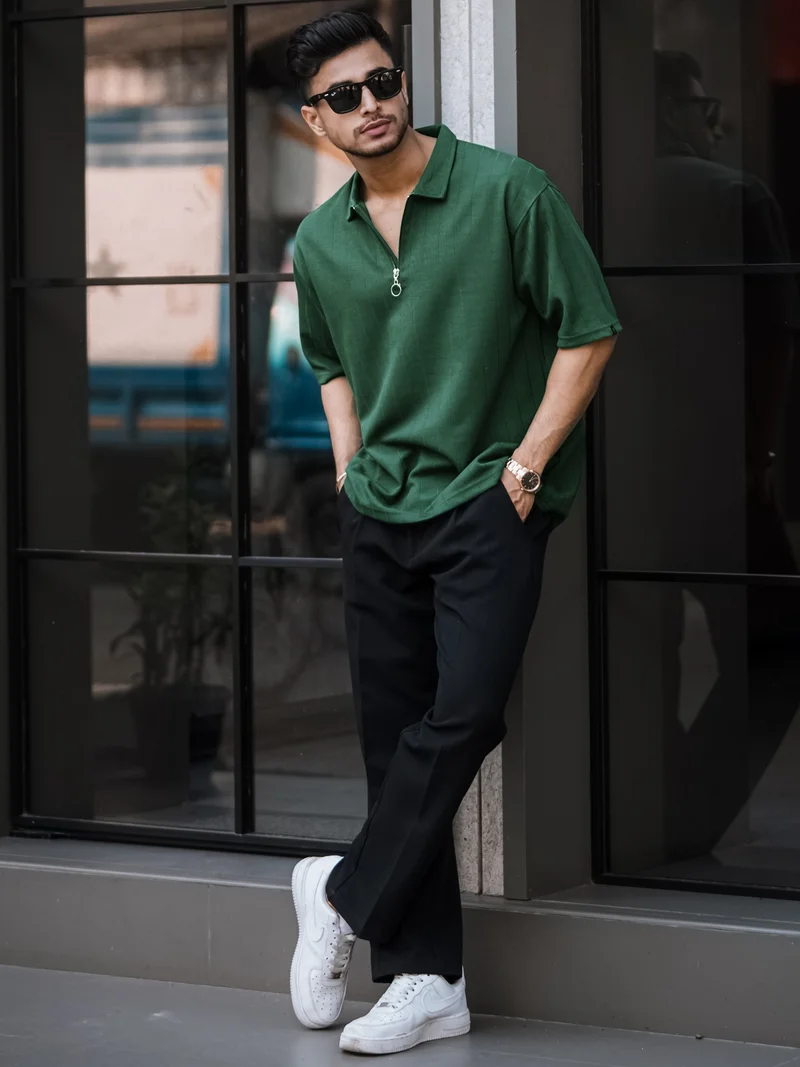 Maniac Maniac Mens Textured Polo Neck 3/4th Sleeve Half Zipper Dark Green Cotton T-Shirt