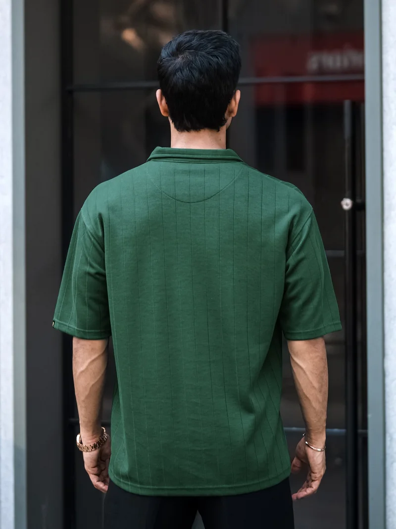 Maniac Maniac Mens Textured Polo Neck 3/4th Sleeve Half Zipper Dark Green Cotton T-Shirt