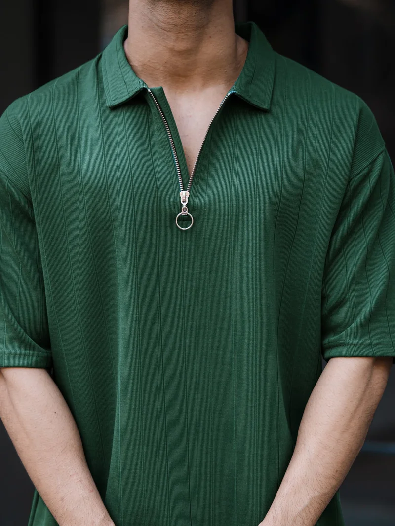 Maniac Maniac Mens Textured Polo Neck 3/4th Sleeve Half Zipper Dark Green Cotton T-Shirt