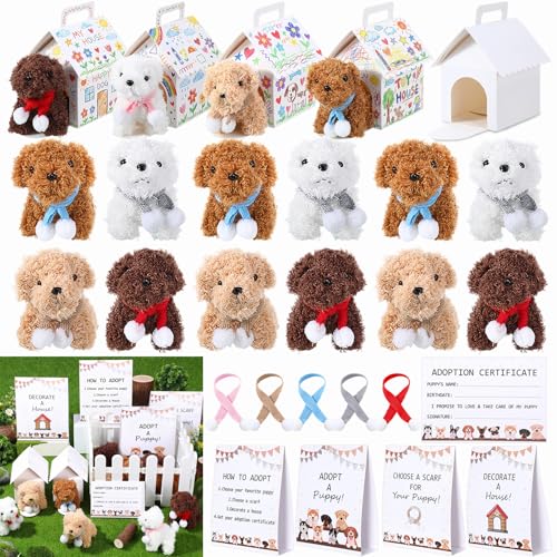 Motionchic 60pcs Adopt a Puppy Dog Party Favors Plush Stuffed Dogs Toys Set Includes 12 Mini Plush Pets 12 Puppy Scarves 12 Adoption Cards 12 House Boxes 4 Adoption Signs and 8 Playpens - Image 1
