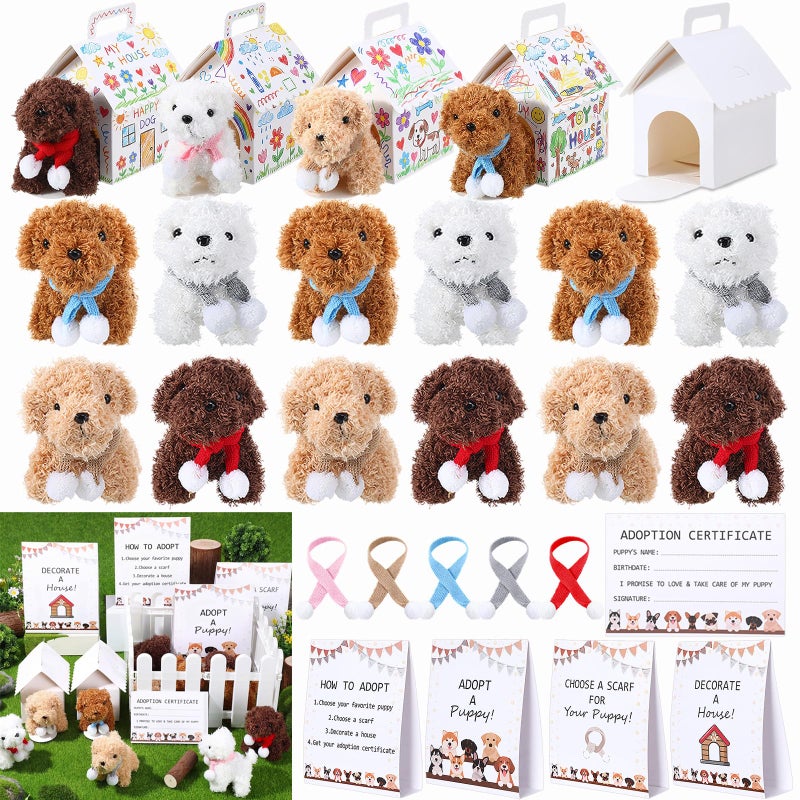 Motionchic 60pcs Adopt a Puppy Dog Party Favors Plush Stuffed Dogs Toys Set Includes 12 Mini Plush Pets 12 Puppy Scarves 12 Adoption Cards 12 House Boxes 4 Adoption Signs and 8 Playpens - Image 3