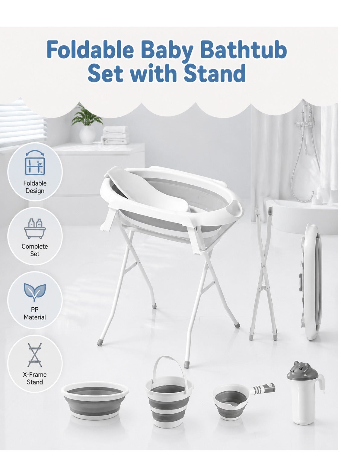 WALALLA Foldable Baby Bathtub Set with Stand, Portable Infant Bath Tub with Collapsible Basin, Bucket, Water Scoop ,Rinsing Cup and Non-Slip Bath Mat, Raised X-Frame Baby Bath for Newborns and Toddler