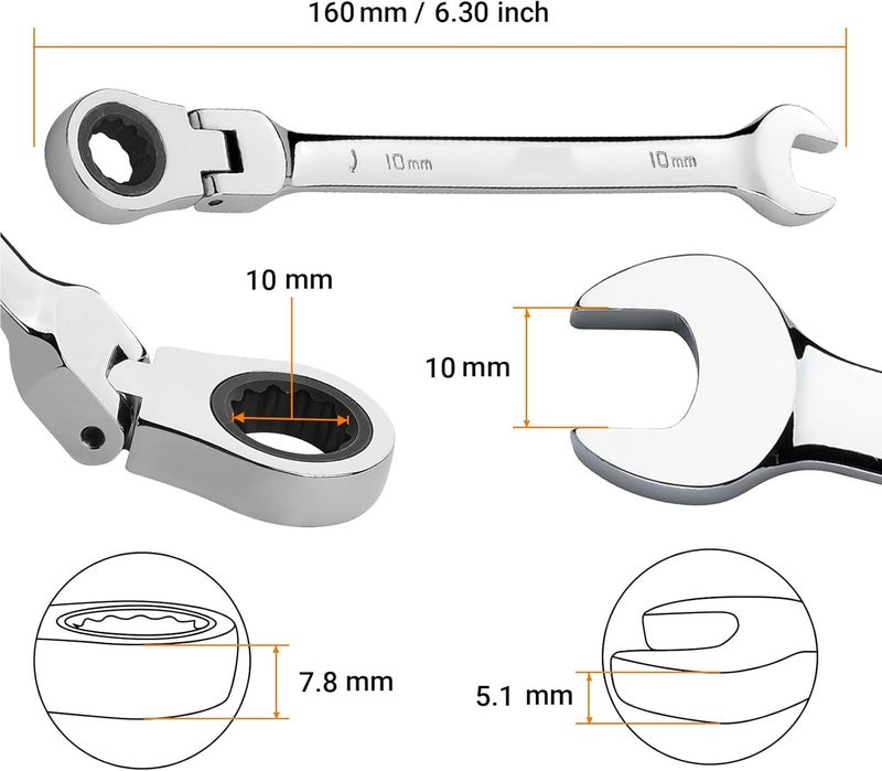 RECTITUDE 10 mm Flexible Head Gear Wrench, Industrial Grade Ratcheting Combination Spanner, Forged, Heat-Treated Cr-V Alloy Steel, Full Polished 12 Point, Metric, Wrench Tools, For Professional Use - Image 2