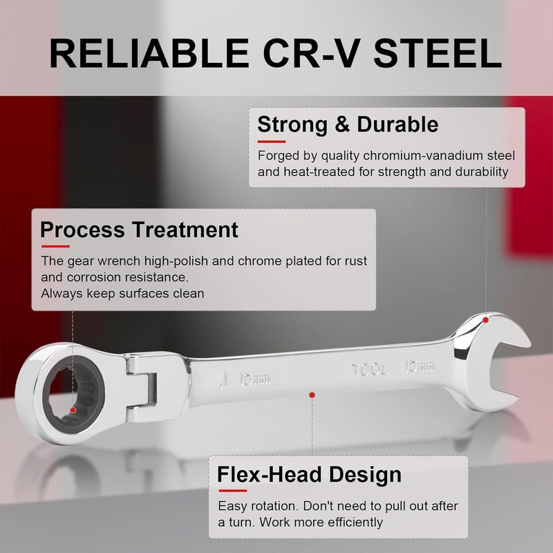 RECTITUDE 10 mm Flexible Head Gear Wrench, Industrial Grade Ratcheting Combination Spanner, Forged, Heat-Treated Cr-V Alloy Steel, Full Polished 12 Point, Metric, Wrench Tools, For Professional Use - Image 5
