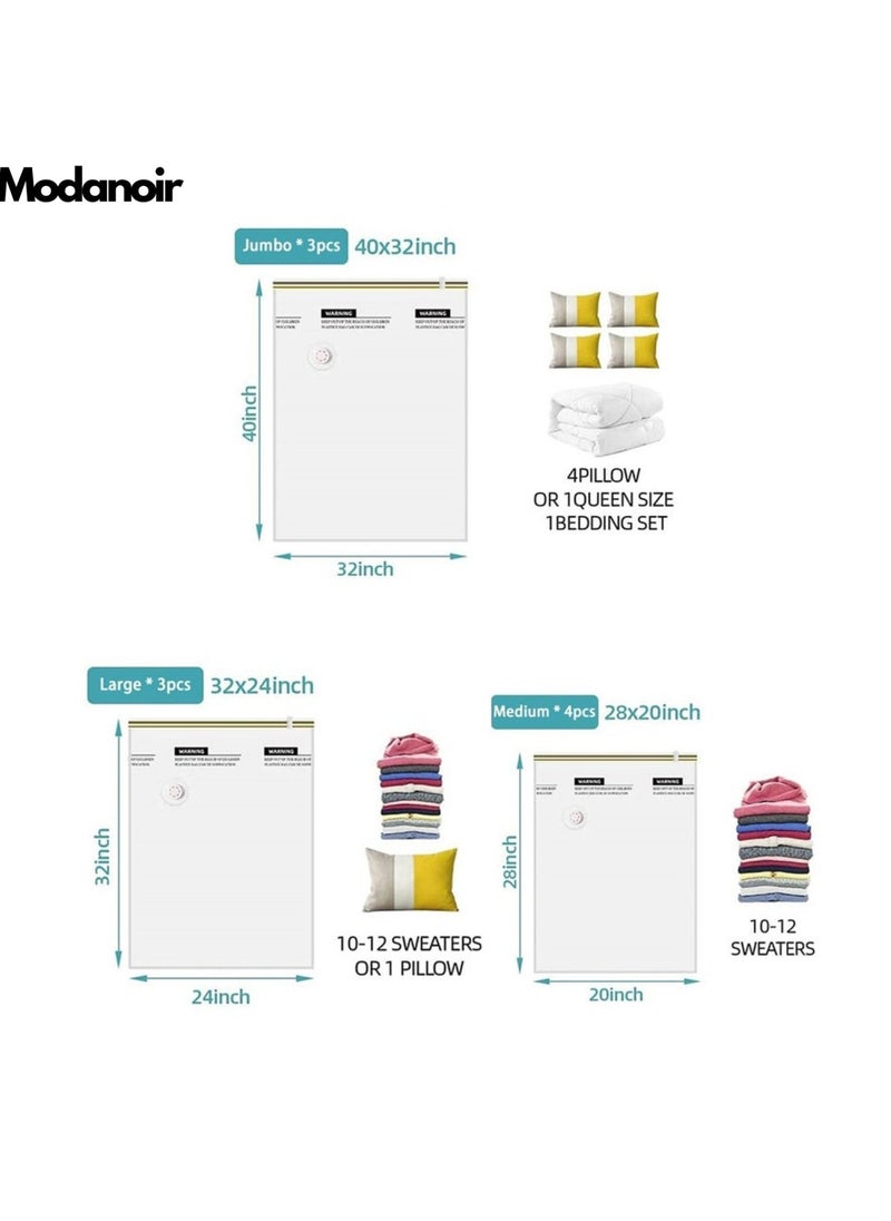 MODANOIR Modanoir 10PCS Vacuum Storage Bags, Space Saver Bags with hand Pump, Reusable Vacuum Seal Storage Bags for Bedding, Clothes, Curtains, Pillows (3 x Jumbo, 3 x Large, 4 x Medium)  - Image 5