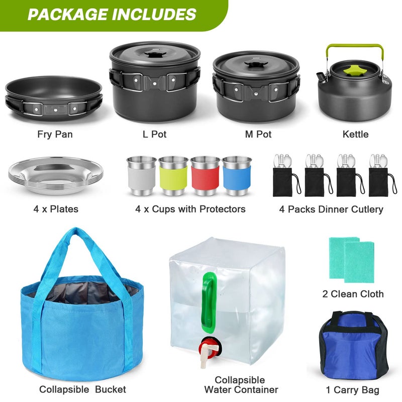 Odoland 29pcs Camping Cookware Mess Kit, Non-Stick Lightweight Pots Pan Kettle, Collapsible Water Container and Bucket, Stainless Steel Cups Plates Forks Knives Spoons for Outdoor Backpacking Picnic - Image 2