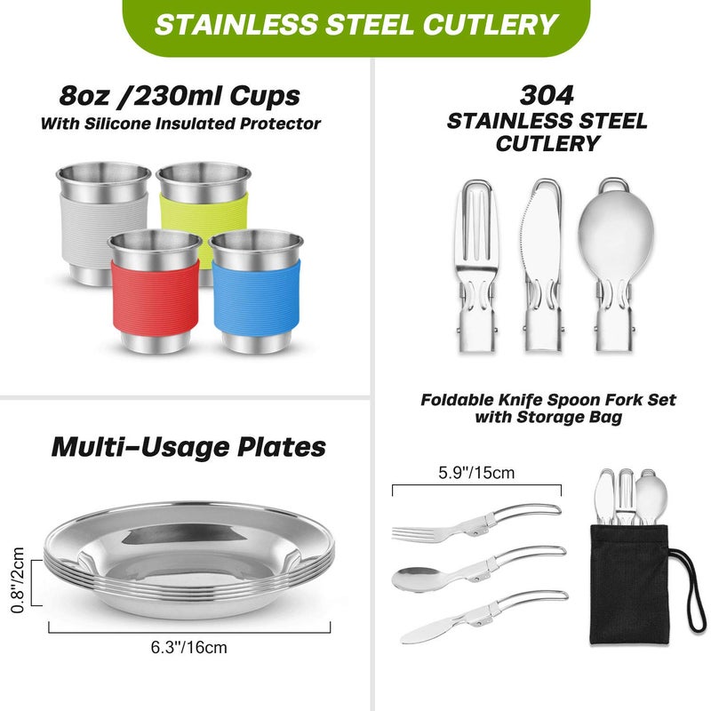 Odoland 29pcs Camping Cookware Mess Kit, Non-Stick Lightweight Pots Pan Kettle, Collapsible Water Container and Bucket, Stainless Steel Cups Plates Forks Knives Spoons for Outdoor Backpacking Picnic - Image 4