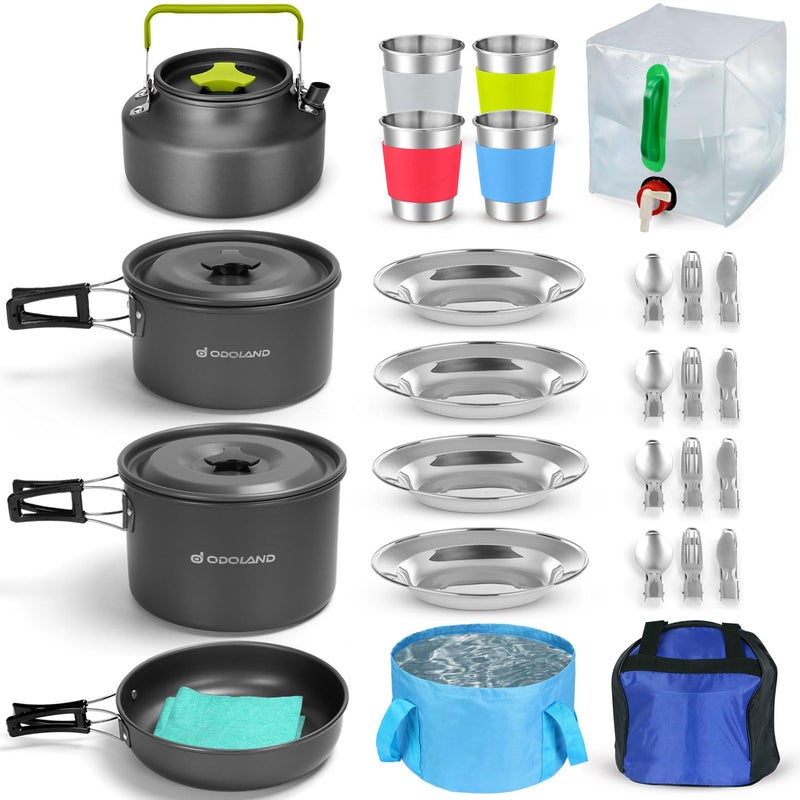 Odoland 29pcs Camping Cookware Mess Kit, Non-Stick Lightweight Pots Pan Kettle, Collapsible Water Container and Bucket, Stainless Steel Cups Plates Forks Knives Spoons for Outdoor Backpacking Picnic - Image 1