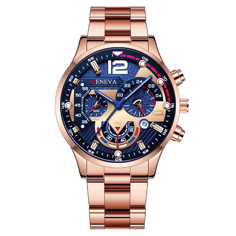 Foreign trade hot mens steel band calendar quartz watch sports luminous pointer quartz watch mens wrist watch rose blue
