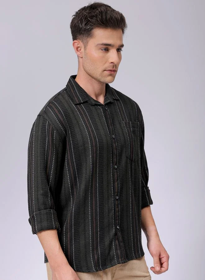 شركة المرآب الهندية Men Relaxed Fit Striped Full Sleeves Cutaway Collar Resort Wear Shirt