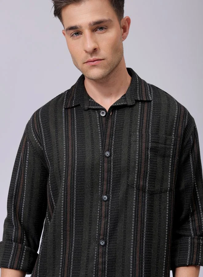 شركة المرآب الهندية Men Relaxed Fit Striped Full Sleeves Cutaway Collar Resort Wear Shirt