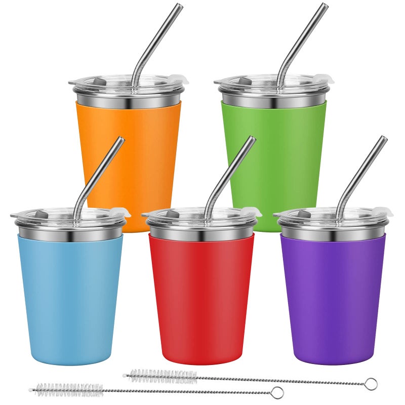 Rommeka Kids Cups with Straws 12oz Stacking Cups with 5 Colorful Silicone Sleeves for Hot  Cold Drinks Unbreakable Stainless Steel Cups with Lids and Straws for Adults and Children