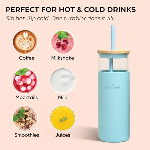 SOLARA Glass Tumbler with Bamboo Lid, Straw and Silicone Protector 500ml, Coffee & Juice Tumblers with Silicone Straw & Lid, Durable Travel Mug with Lid, Blue Breeze - Image 4