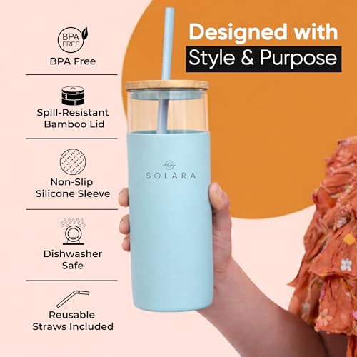 SOLARA Glass Tumbler with Bamboo Lid, Straw and Silicone Protector 500ml, Coffee & Juice Tumblers with Silicone Straw & Lid, Durable Travel Mug with Lid, Blue Breeze - Image 2